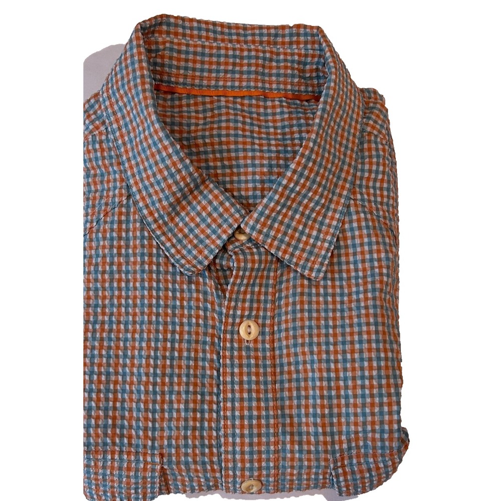 Orvis Shirt Men's L Orange Check Seersucker Active Fit Fishing Roll Tab Sleeves‎